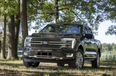 Gray Ford F-150 Platinum pickup parked beneath trees beside a lake, viewed from a low front angle.