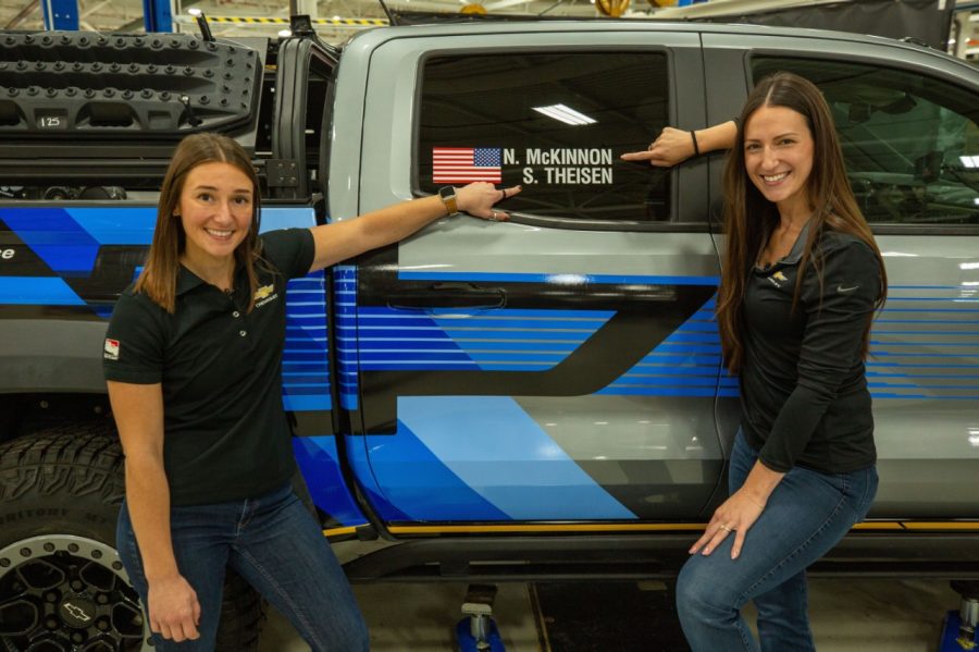 Savannah Theisen, left, and Nicole McKinnon prepare to take on the Rebelle Rally Chevrolet Colorado ZR2 Bison